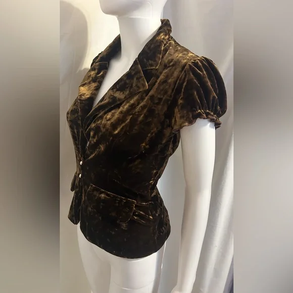 Yank Sz M Brown Crushed Velvet Puff Sleeve Blazer Victorian Inspo Steampunk Boho - Picture 5 of 7